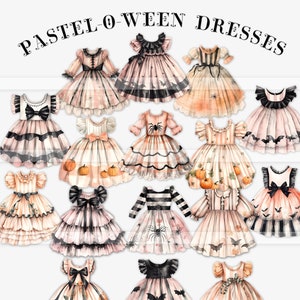 Printable pastel Halloween paper doll dresses, junk journal kit, digital ephemera, vintage images, fussy cut, scrapbook, card making collage