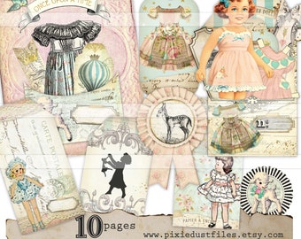 Printable Paper Doll Junk Journal kit, vintage paper doll images, digital collage sheet, paper crafts, scrapbooking, diy download craft kits