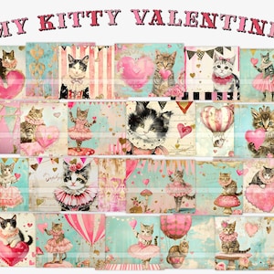 Kit imprimable de journal indésirable de la Saint-Valentin, clipart chaton vintage, éphémères numériques de chat, papier de scrapbooking vintage Saint-Valentin, pages pliables