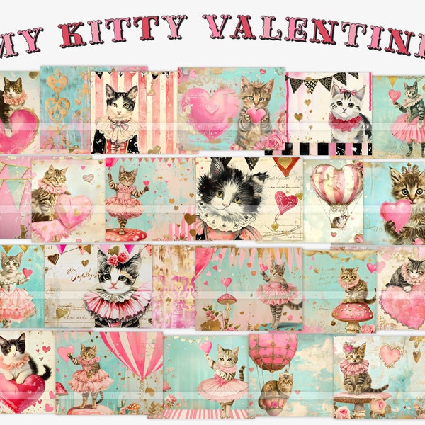 Printable Valentine's Day junk journal kit, vintage kitten clipart, digital cat ephemera, vintage valentines scrapbook paper, foldable pages