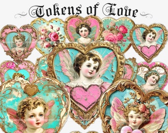 Op de afbeelding: Een verzameling vintage Valentijnsdagkaarten met cherubijnen en harten. De kaarten zijn versierd met gouden accenten en bloemmotieven. De kaarten zijn in de vorm van een hart gerangschikt en de tekst "Tokens of Love" staat bovenaan.