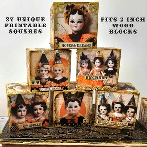 Quadrati di immagini di Halloween stampabili, bambole vintage, oggetti effimeri digitali, kit di carta di Halloween, clipart di bambole, collage, album di ritagli, creazione di cartoline