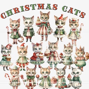 Gatti di Natale stampabili, bambole di carta, oggetti effimeri del diario spazzatura, immagini dal taglio pignolo, gattini vintage, scrapbooking, creazione di carte, digitale