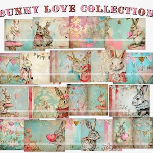 Afdrukbare Valentijnsdag junk-dagboekkits, Bunny Love-rommeldagboekpapier, paaskrabpapier, digitale dagboekpagina's, vintage konijn
