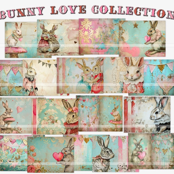 Printable Valentine's Day junk journal kits, Bunny Love junk journal paper, Easter scrapbook paper, digital journaling pages, vintage rabbit