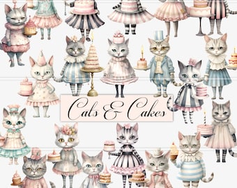 Cats and Cakes printable paper dolls, digital junk journal ephemera, vintage cats, printable collage sheet, scrapbook, card making, clipart