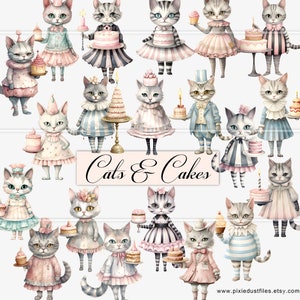 Cats and Cakes printable paper dolls, digital junk journal ephemera, vintage cats, printable collage sheet, scrapbook, card making, clipart