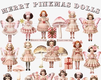 Merry Pinkmas Christmas printable, vintage dolls, junk journal kit, digital ephemera, paper doll, mushrooms, butterfly wings, collage sheet