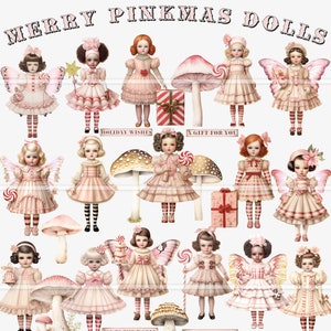 Merry Pinkmas Christmas stampabile, bambole vintage, kit diario spazzatura, oggetti effimeri digitali, bambola di carta, funghi, ali di farfalla, foglio di collage
