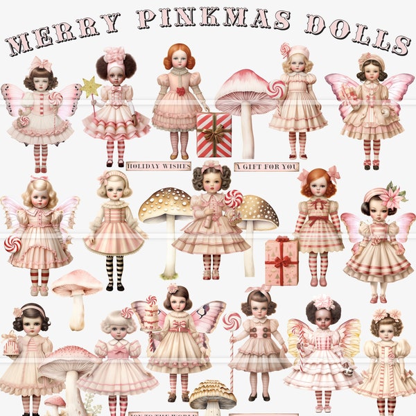 Merry Pinkmas Christmas printable, vintage dolls, junk journal kit, digital ephemera, paper doll, mushrooms, butterfly wings, collage sheet