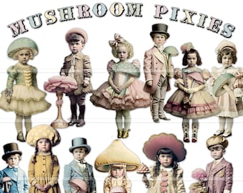 Mushroom Pixies, fussy cut ephemera, vintage children photos, digital junk journal printables, scrapbook, collage kit, vintage kids, fairies
