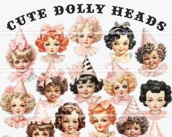 Printable vintage style doll heads, clip art, paper dolls, vintage doll junk journal kit, digital ephemera fussy cut images digital download