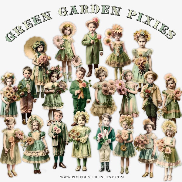 Green Garden Pixies, Junk Journal ephemera, fussy cut vintage kids, digital download, printable journaling images, scrapbook, card making