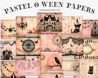 Pastel Halloween digital papers, printable junk journal pages, junk journal kit, haunted houses, black cats, scrapbooking, card making paper