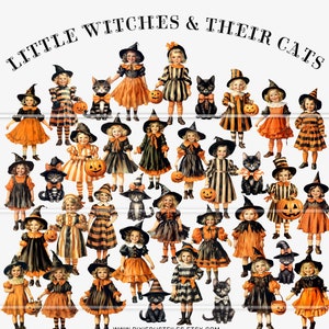 Halloween kleine Hexe Clip Art, Vintage Mädchen, schwarze Katzen, Junk Journal Kit, digitale Ephemera, Papierpuppen, Scrapbook Album Karten