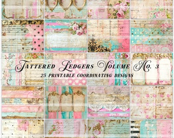 Printable Tattered Antique Ledger Papers, pink junk journal pages, landscape orientation paper, digital download, vintage invoices, ephemera