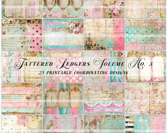 Printable Tattered Antique Ledger Papers, pink junk journal pages, landscape orientation paper, digital download, vintage invoices, ephemera