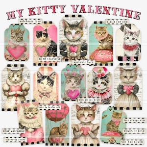 Étiquettes-cadeaux imprimables pour la Saint-Valentin, journal vintage pour chats, éphémères numériques, papier de scrapbooking, fabrication de cartes, citations d'amour, téléchargement