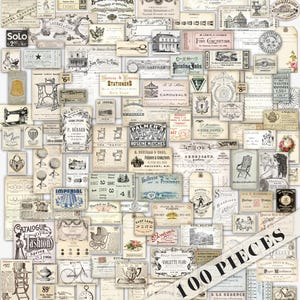 Puede incluir: Una colección de 100 piezas de efímeras de papel de estilo vintage. El surtido incluye etiquetas, boletos, postales y anuncios con una paleta de colores crema y sepia. Los diseños presentan ilustraciones, texto y elementos decorativos, evocando una estética nostálgica.