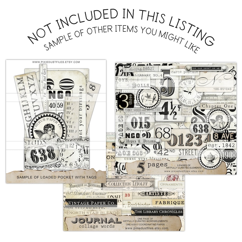 May include: A collection of vintage paper ephemera with black and white typography and illustrations. The paper ephemera includes a variety of designs, such as a cherub, a clock, and a street sign. The text on the paper ephemera includes words like "NGO", "Hopes & Dreams", "Chapter One", and "The Library Chronicles".