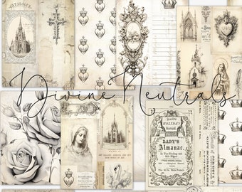 Divine Neutrals Junk Journal Kit, Prayer Journal Pages, printable paper, Catholic, Mother Mary, Sacred Heart, scrapbooking, card making