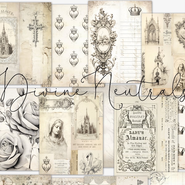 Divine Neutrals Junk Journal Kit, Prayer Journal Pages, printable paper, Catholic, Mother Mary, Sacred Heart, scrapbooking, card making