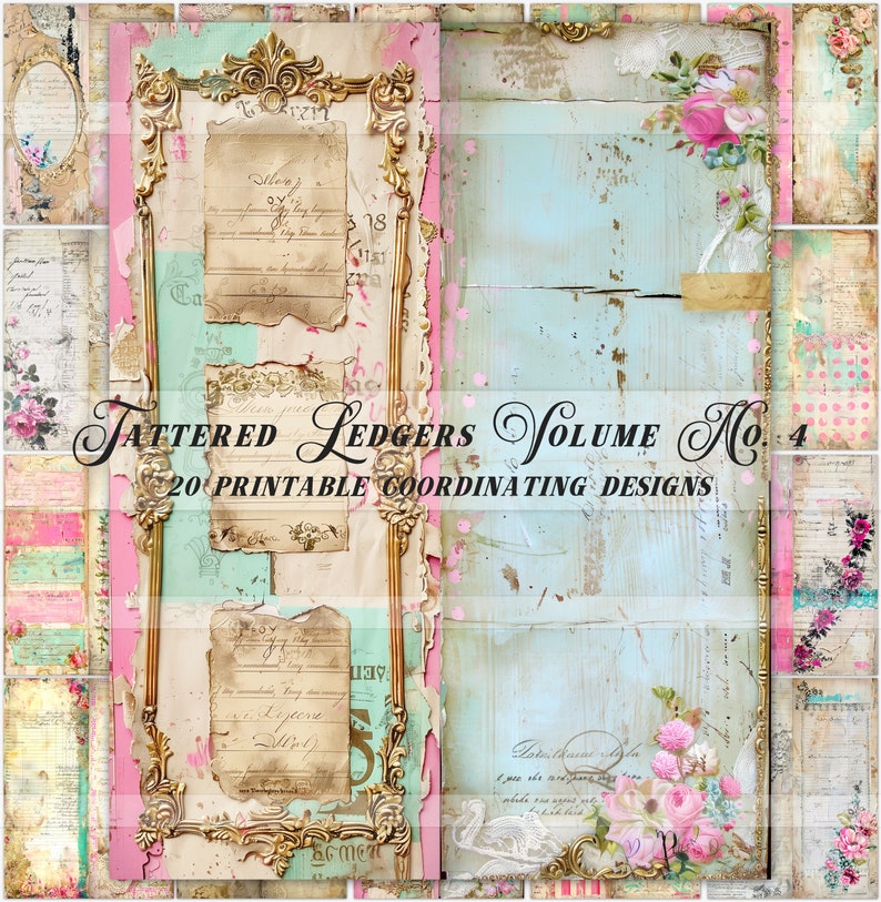 Printable Tattered Antique Ledger Papers, Pink Junk Journal Pages ...