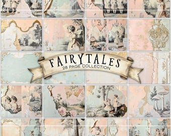 Fairytales, printable junk journal kit, fairy theme journal pages, digital paper, vintage collage, download, scrapbooking, fairies, clipart