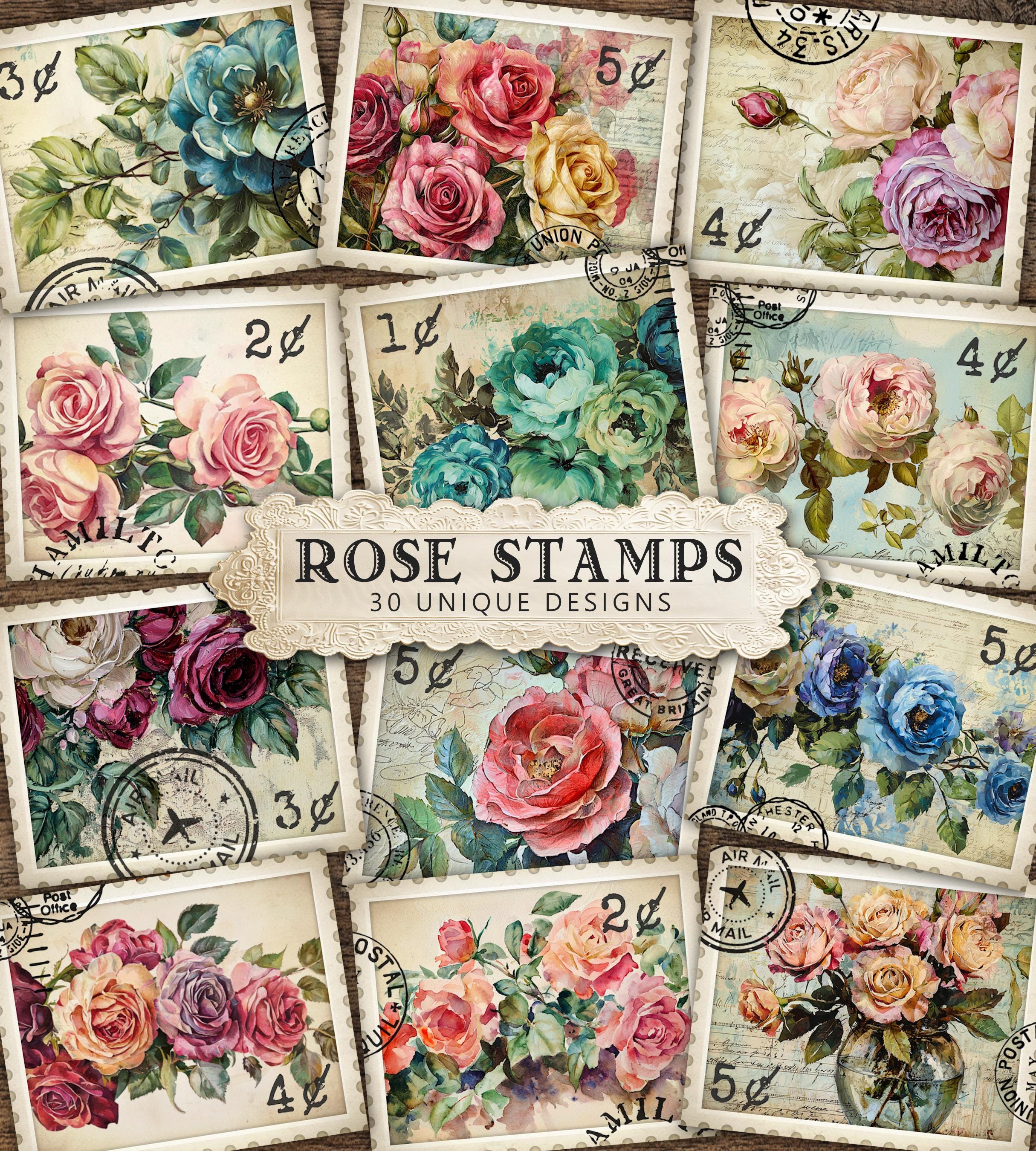 Vintage Rose Stamps, Junk Journal Paper Ephemera, DIY Sticker Sheet ...