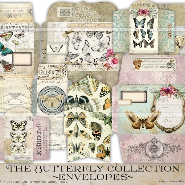 Junk Journal Envelopes, printable coin envelope, vintage butterfly wings, journaling supplies ephemera kit digital download collage sheet BC