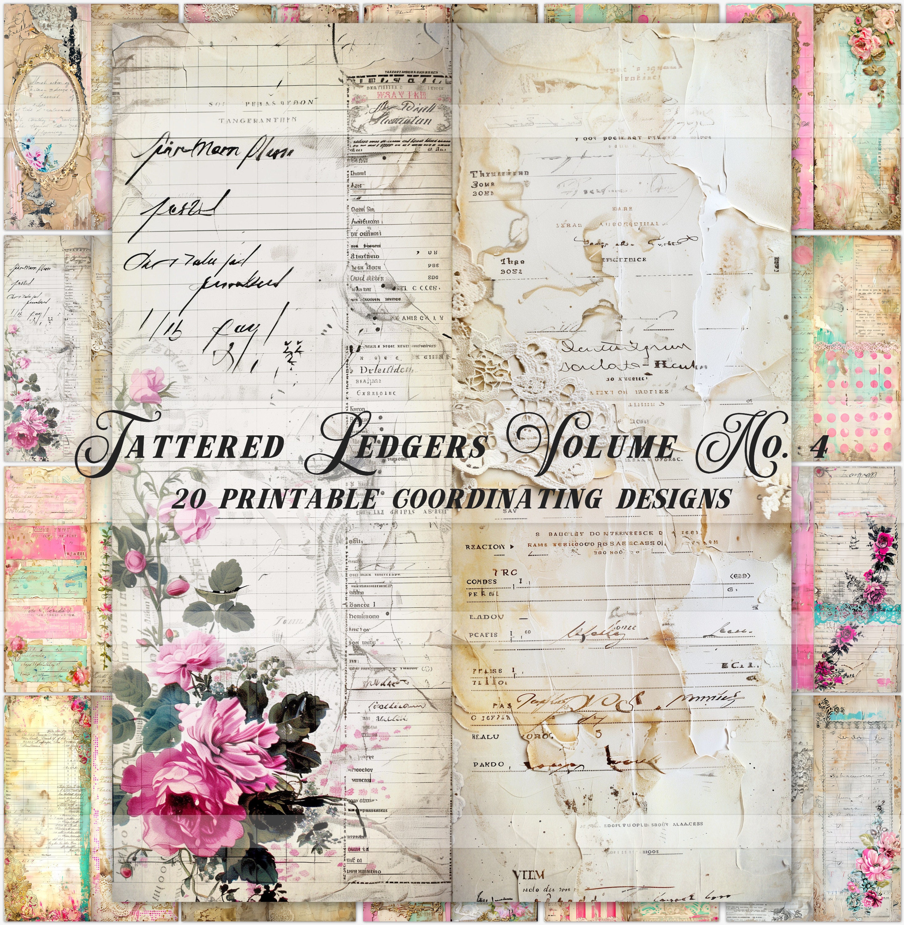 Printable Tattered Antique Ledger Papers, Pink Junk Journal Pages ...