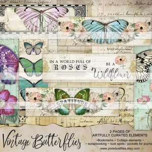 May include: Vintage digital collage sheet featuring butterflies, flowers, and text. The text includes "In a world full of roses, be a wildflower" and "Gratitude".