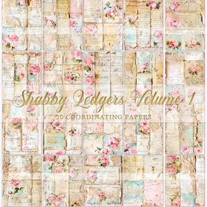 Może przedstawiać: Cyfrowy arkusz kolażu z 20 pasującymi papierami w stylu shabby chic z różowymi różami, ręcznie pisanym tekstem i koronkowymi akcentami. Tytuł "Shabby Ledgers Volume 1" jest wyświetlany złotymi literami.