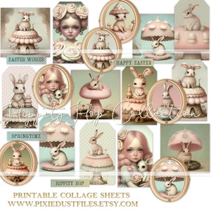 Download para impressão BUNNY RABBIT, kit de diário de lixo, folhas de colagem digital, papel para scrapbooking, decorações de Páscoa, cartões feitos à mão, coelhinhos