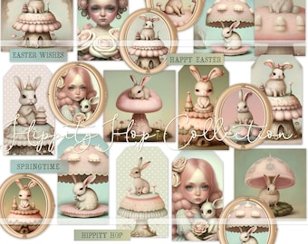 BUNNY RABBIT printable download, junk journal kit, digital collage sheets, scrapbooking paper, Easter decorations, handmade cards, bunnies