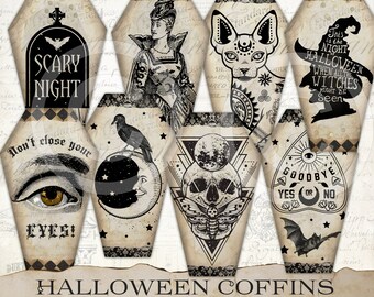 May include: Two sheets of printable Halloween coffin designs. The coffins feature various spooky images, including a skull, a cat, a witch, a bat, an eye, a crow, and a moon. The text "Scary Night" and "Don't close your eyes!" are also included.