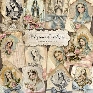 Puede incluir: Una colección de sobres religiosos de estilo vintage con ilustraciones de la Virgen María. Cada sobre tiene un diseño único con colores suaves, detalles florales y cintas. El texto en la etiqueta dice "Religious Envelopes" y "20 UNIQUE DESIGNS".