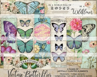 Printable Butterflies for Junk Journal, Butterfly bookmarks, digital scrapbooking paper, collage sheet, vintage butterfly images, wings