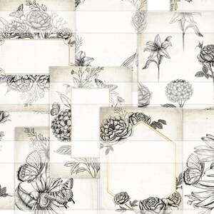 May include: A collection of vintage-style paper sheets with floral and butterfly illustrations. Each sheet features detailed black and white drawings of roses, lilies, and other flowers, with blank spaces for text and gold borders.