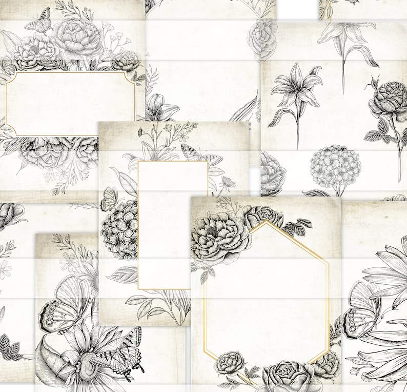 May include: A collection of vintage-style paper sheets with floral and butterfly illustrations. Each sheet features detailed black and white drawings of roses, lilies, and other flowers, with blank spaces for text and gold borders.