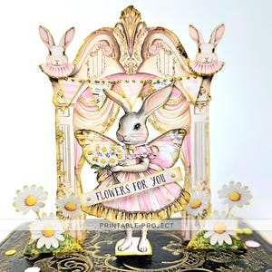 Fleurs pour vous, théâtre de papier imprimable, décoration de Pâques faite main, téléchargement numérique, lapin vintage, feuille de collage, travaux manuels en papier