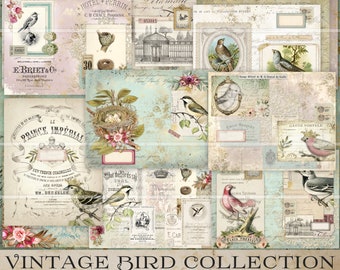 Vintage Birds junk journal pages, printable papers, journal supplies, ephemera, digital download, journaling kit collage art master board VB