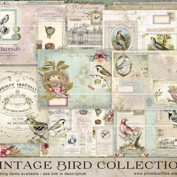 Vintage Birds junk journal pages, printable papers, journal supplies, ephemera, digital download, journaling kit collage art master board VB