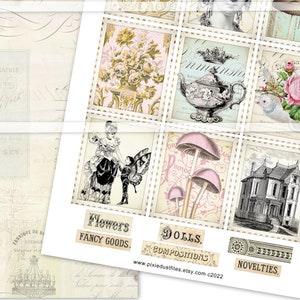 May include: A set of digital collage sheets featuring vintage illustrations of flowers, dolls, mushrooms, a house, and a teapot. The sheets are labeled "Flowers Fancy Goods", "Dolls, Compositions", and "Novelties".