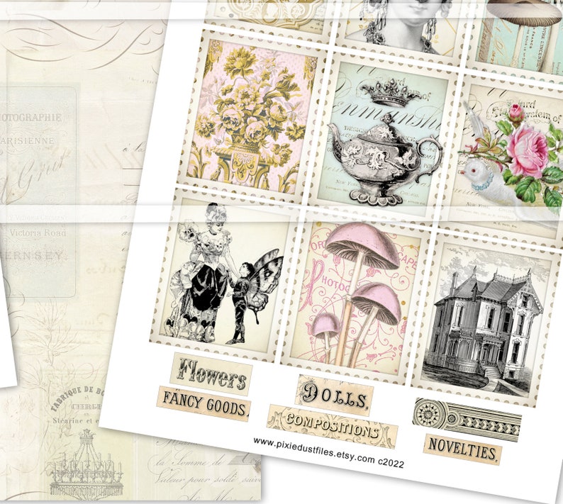 May include: A set of digital collage sheets featuring vintage illustrations of flowers, dolls, mushrooms, a house, and a teapot. The sheets are labeled "Flowers Fancy Goods", "Dolls, Compositions", and "Novelties".