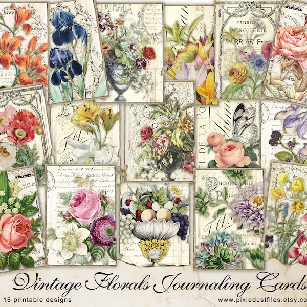 Vintage Floral Junk Journal Cards, Journaling Ephemera, ATC, digital download, collage sheet, digi kit, printable paper, printable tags
