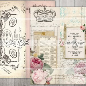 Op de afbeelding: Een vintage-stijl printable journalpagina met een bloemenontwerp met roze rozen en een kalender uit 1844. De pagina bevat ook tekst in het Frans en een decoratieve rand.