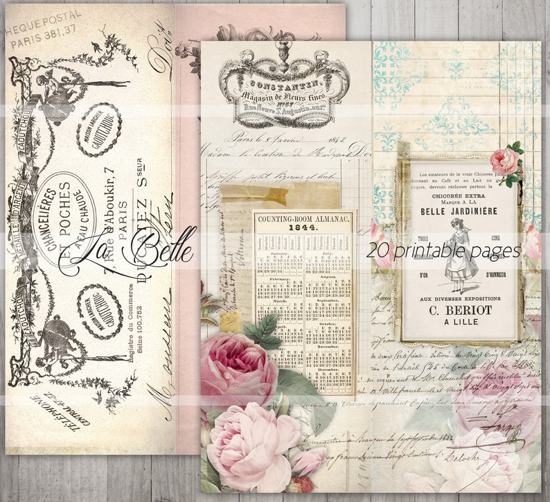 Op de afbeelding: Een vintage-stijl printable journalpagina met een bloemenontwerp met roze rozen en een kalender uit 1844. De pagina bevat ook tekst in het Frans en een decoratieve rand.