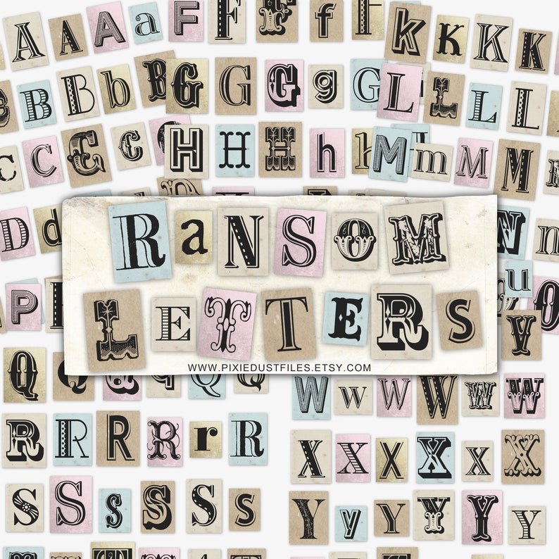 May include: A set of vintage alphabet letter stickers in various colours and styles. The letters are printed on paper with a distressed look and are arranged in rows. The letters are all uppercase and include the words "Ransom Letters" and the website address "www.pixiedustfiles.etsy.com".