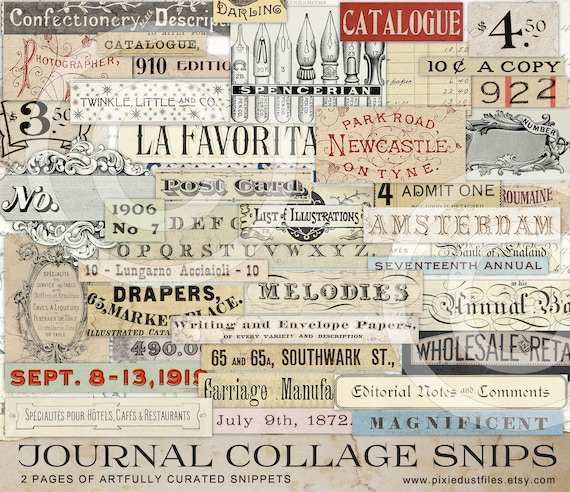 Junk Journal Words Numbers Labels Snippets Vintage Ephemera Pack Printable  Antique Paper Journaling Supplies Digital Collage Sheet 